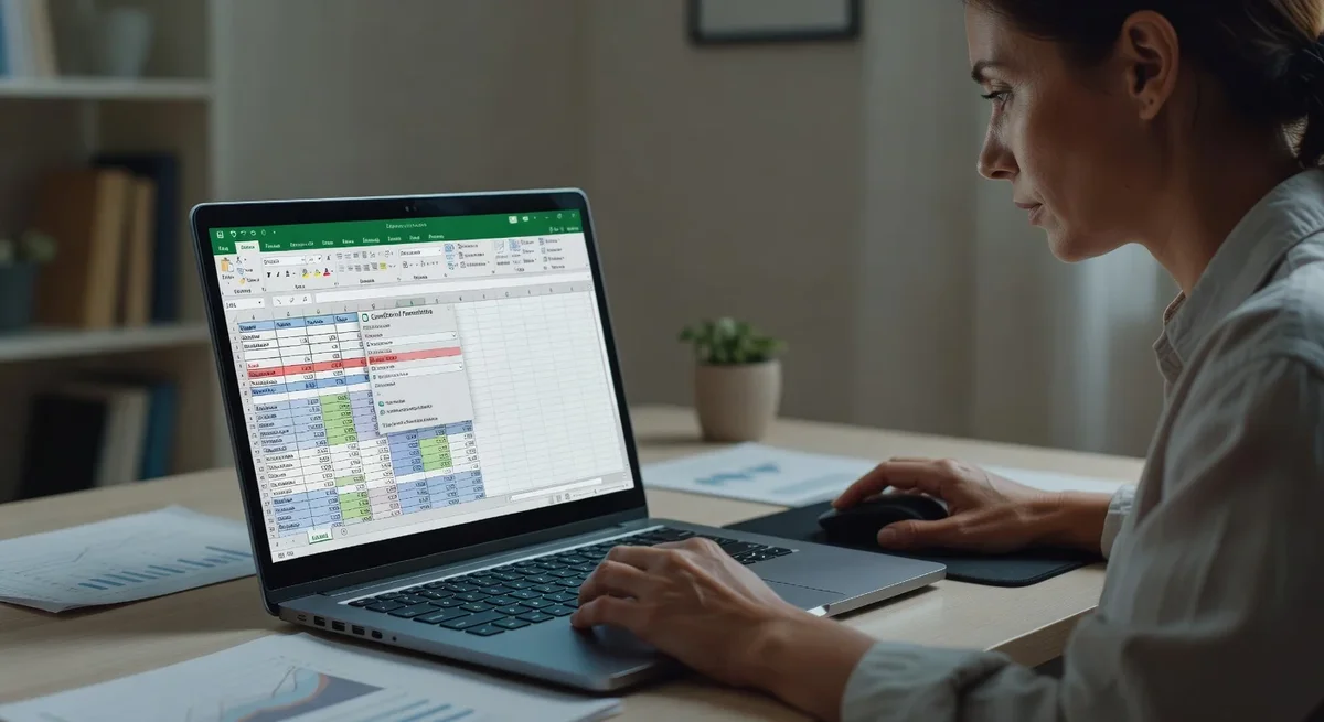 Personne concentrée devant un ordinateur portable avec un tableau Excel affichant des alertes d'échéance