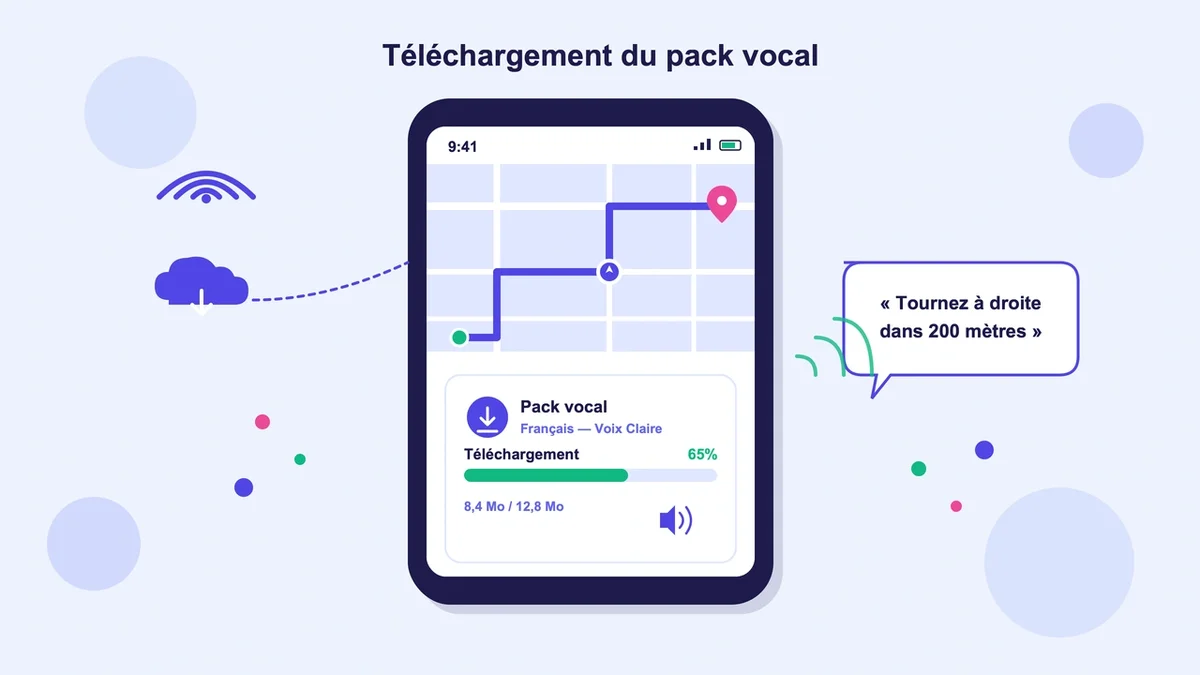 Téléphone affichant une application de navigation avec un téléchargement de pack vocal en cours