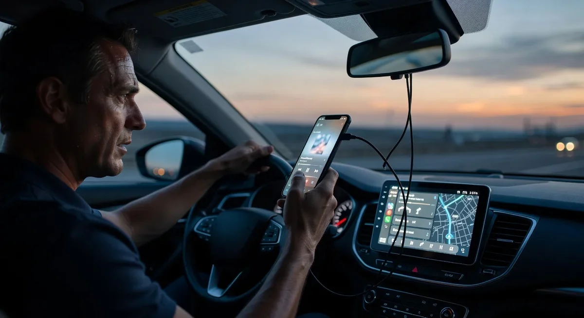 Conducteur frustré utilisant un smartphone avec autoradio affichant une navigation et une notification musicale