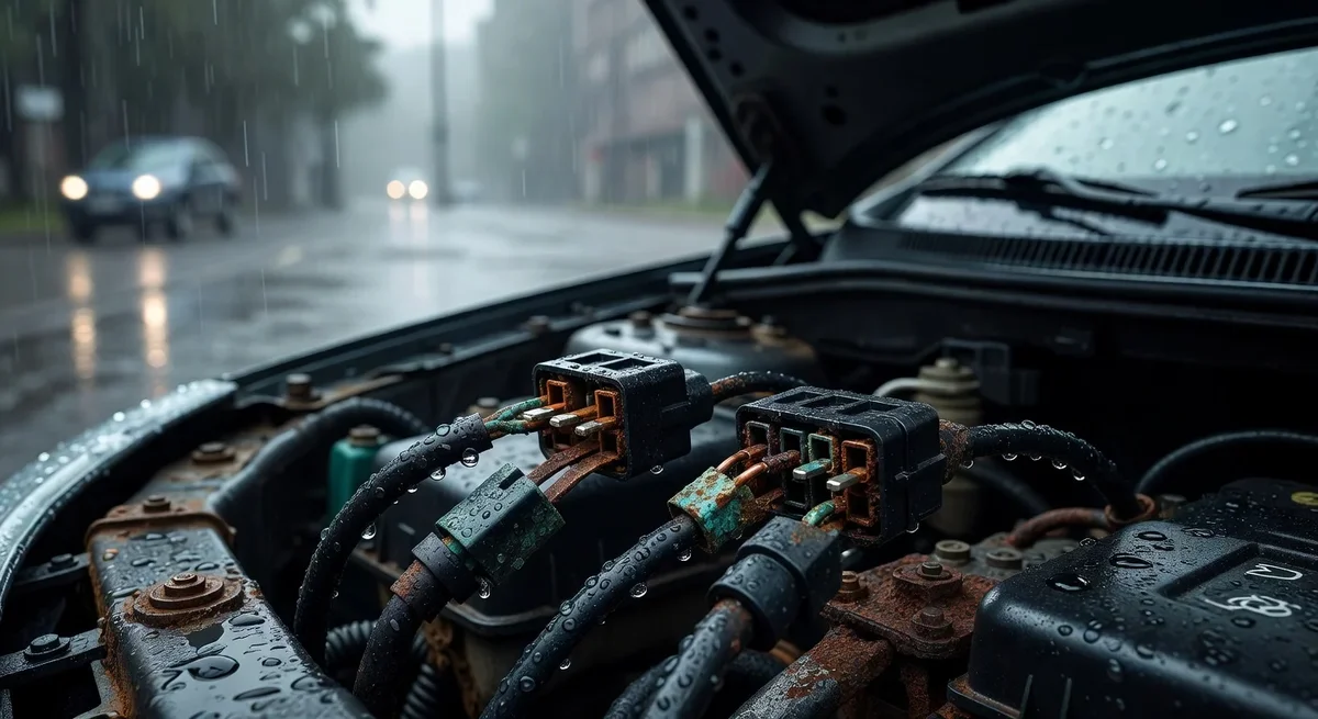 Connecteurs électriques d'une voiture montrant des signes d'humidité et d'oxydation sous une pluie battante