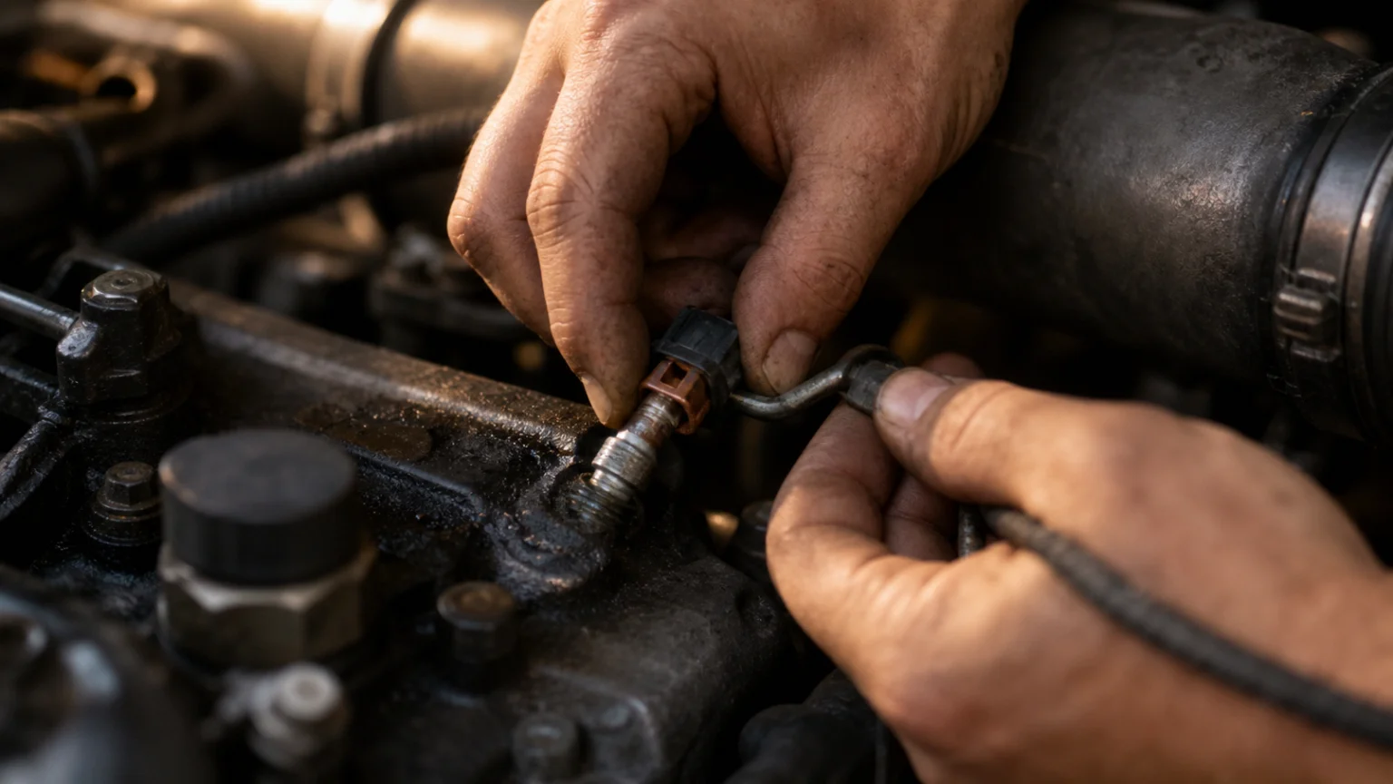 Mains débranchant le connecteur d'une bougie de préchauffage sur un moteur diesel